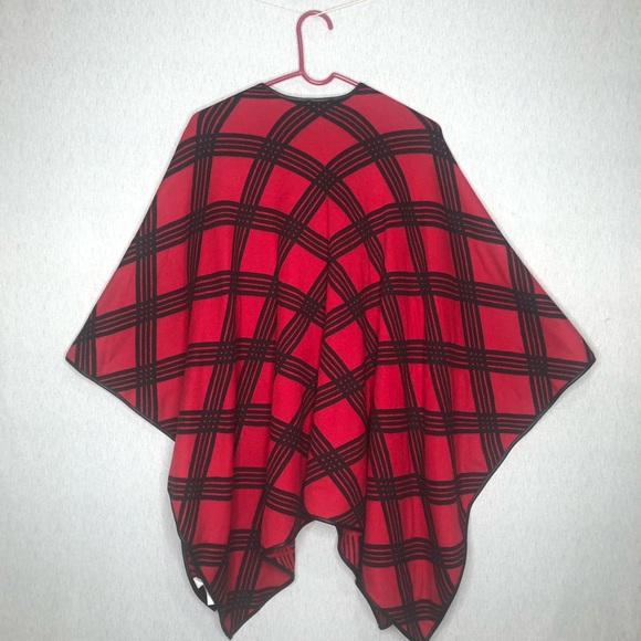 Talbots Leather Tab Country Plaid Ruana Wrap Faux Leather Trim Sz M/L Red Black - Picture 11 of 14